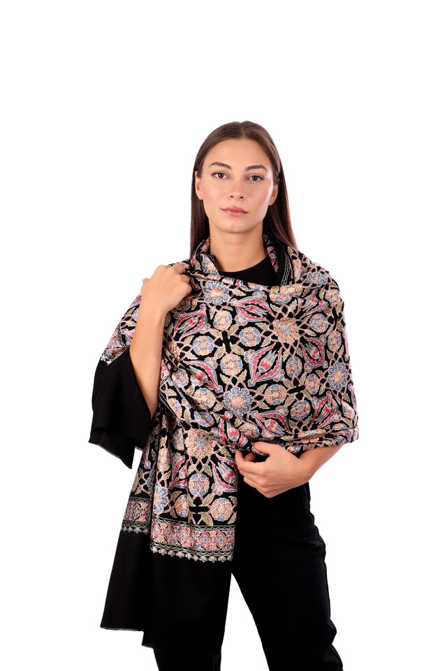 Black Fully Embroidered Suzani Wool Shawl 