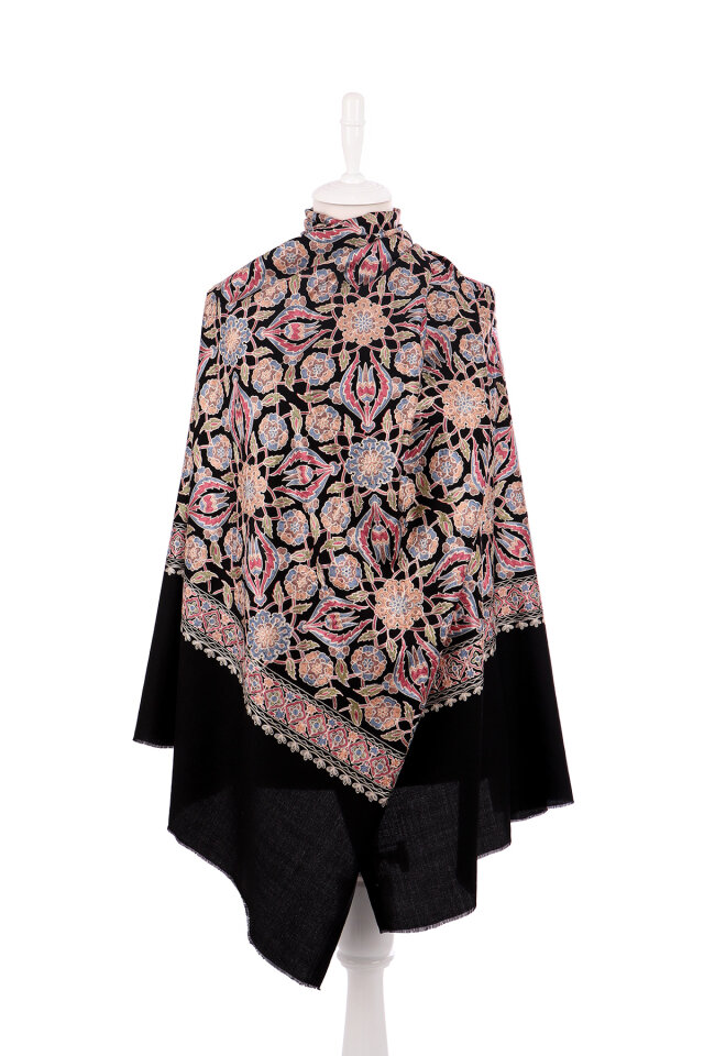 Black Fully Embroidered Suzani Wool Shawl - 2