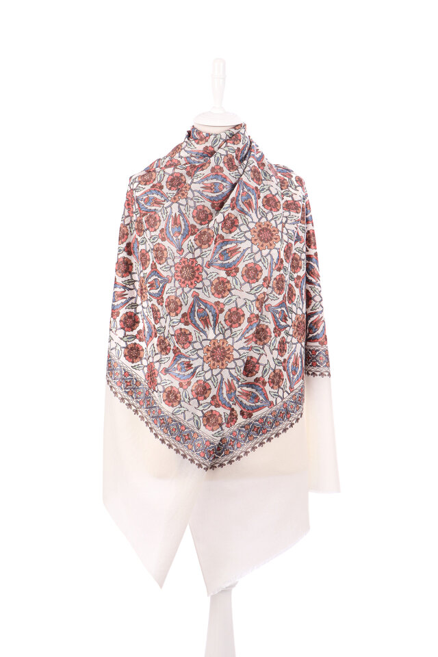 Cream Fully Embroidered Suzani Wool Shawl - 2