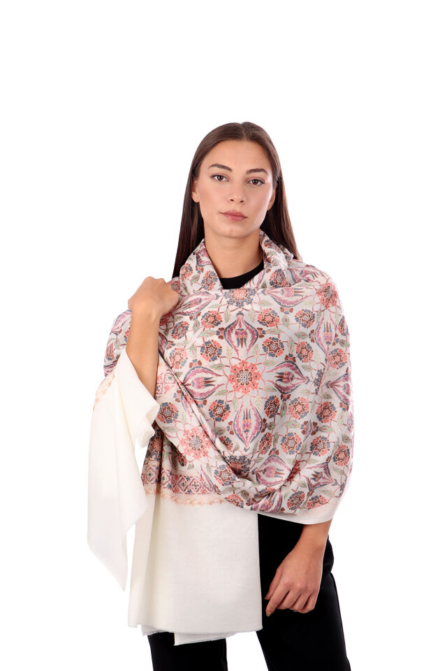 Cream Fully Embroidered Suzani Wool Shawl - Bursa İpek