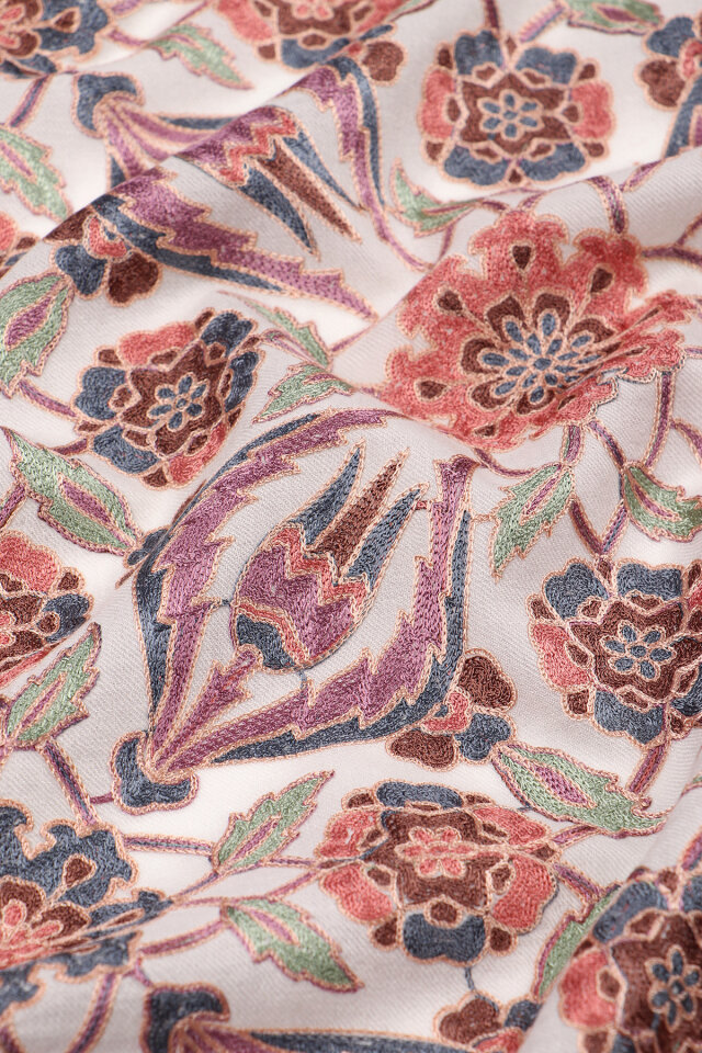 Cream Fully Embroidered Suzani Wool Shawl - 4