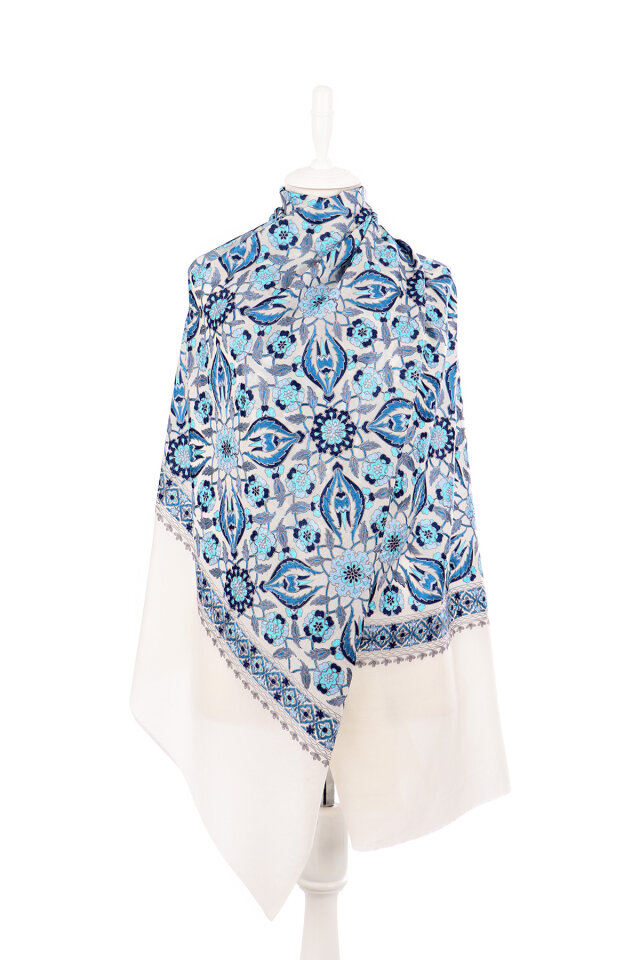 Blue Fully Embroidered Suzani Wool Shawl - 2