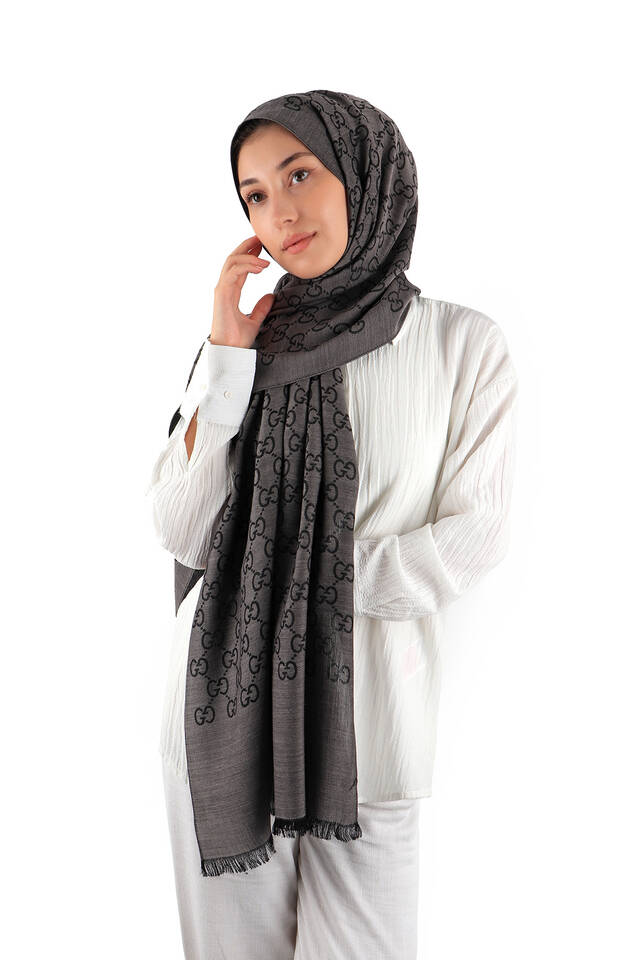 وشاح من الصوف والحرير بنمط G من الفحم - 2