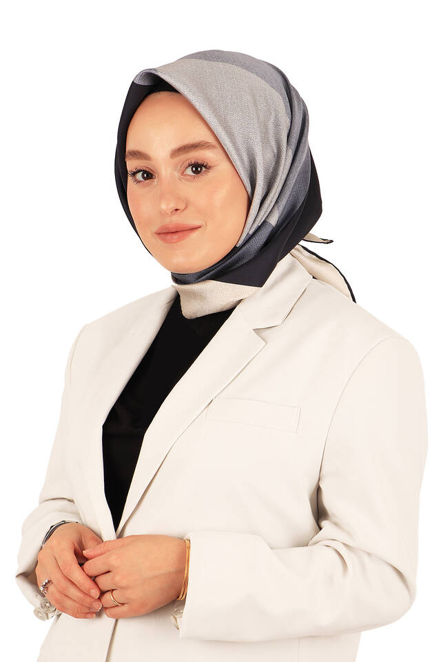 Ekru Lacivert Geometrik Desen Twill İpek Eşarp - 2