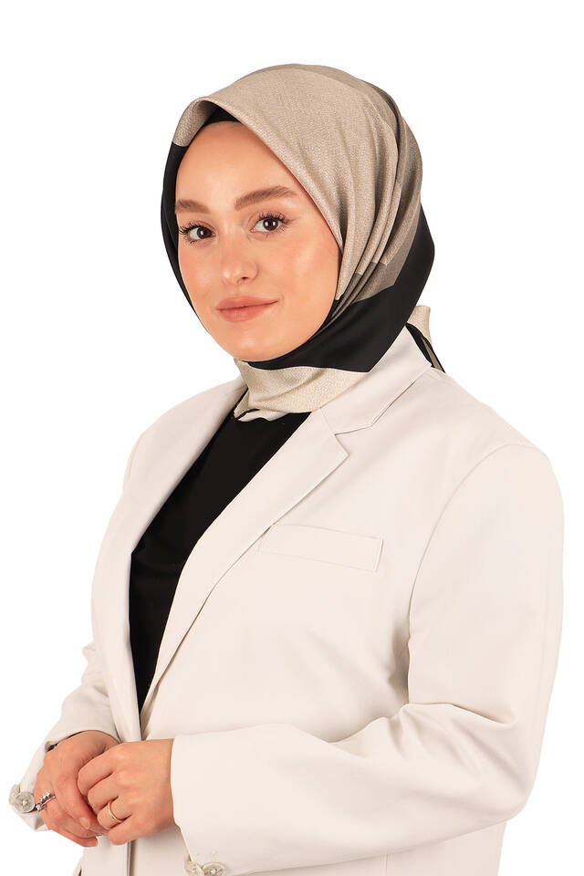 Krem Siyah Geometrik Desen Twill İpek Eşarp - 2