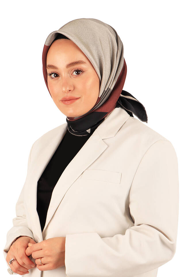 Siyah Bordo Geometrik Desen Twill İpek Eşarp - 2