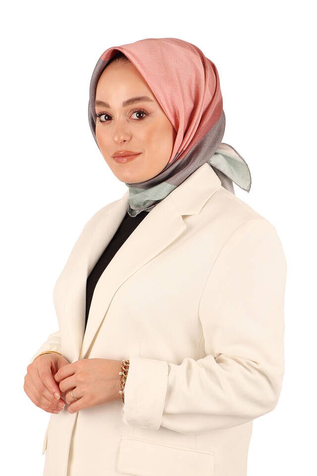 Somon Gri Geometrik Desen Twill İpek Eşarp - 2