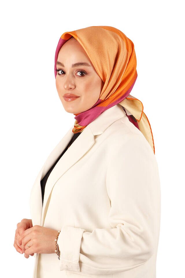 Turuncu Fuşya Geometrik Desen Twill İpek Eşarp - 2