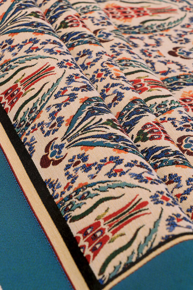 Petrol Mavi Lale Çiçek Desen Goblen Seccade - 2