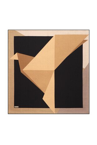 Gold Black Geometric Pattern Twill Silk Square Scarf - Thumbnail
