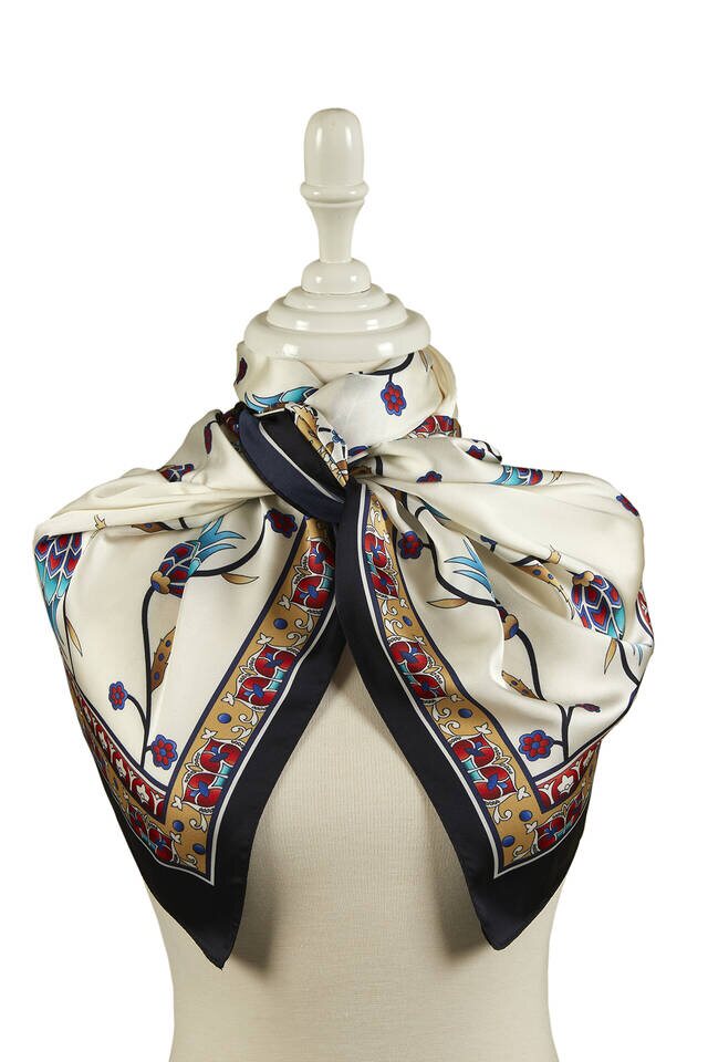 Gold Black Row Tulip Pattern Wide Silky Foulard - 2