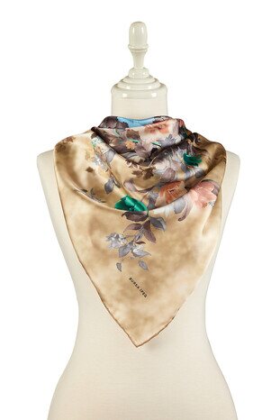 Gold Bouquet Pattern Silk Square Scarf - Thumbnail