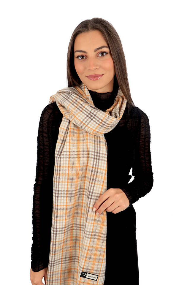 Gold Cream Plaid Pattern Winter Shawl - 2