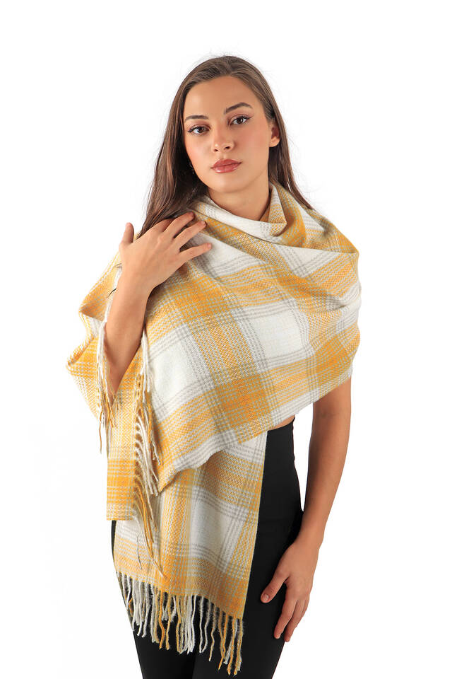 Gold Ecru Patterned Winter Shawl - 2