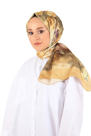 Gold Flower Pattern Silky Scarf - Thumbnail