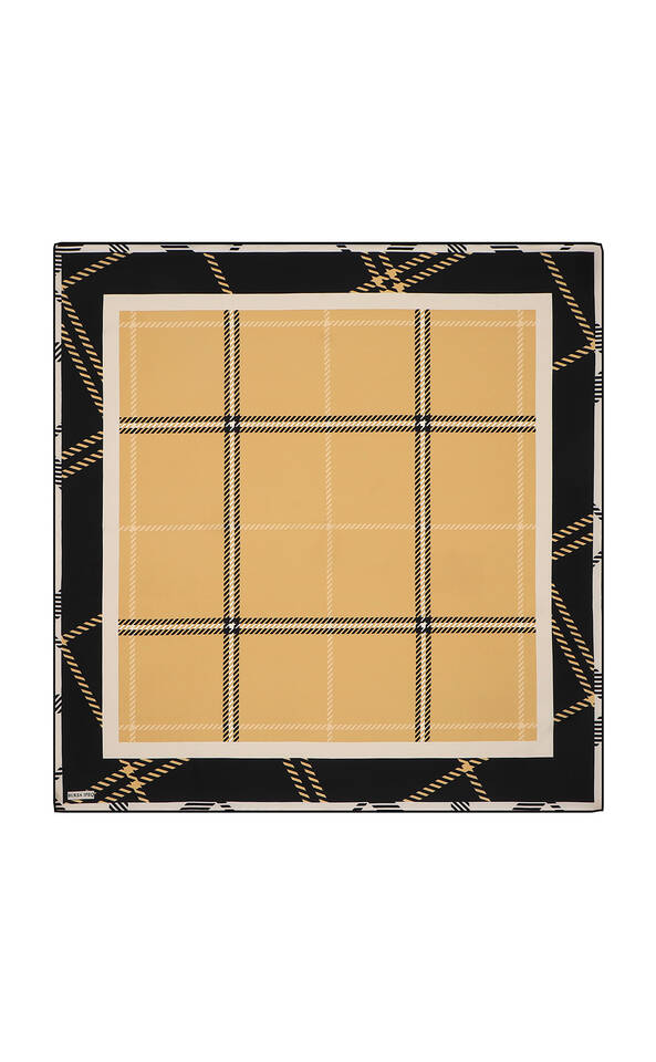 Gold Plaid Pattern Twill Silk Square Scarf 