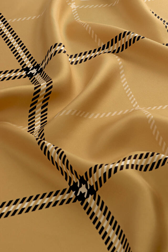 Gold Plaid Pattern Twill Silk Square Scarf - 3