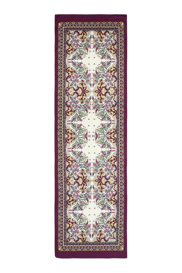 Gold Plum Tile Tulip Pattern Narrow Silky Foulard - 4