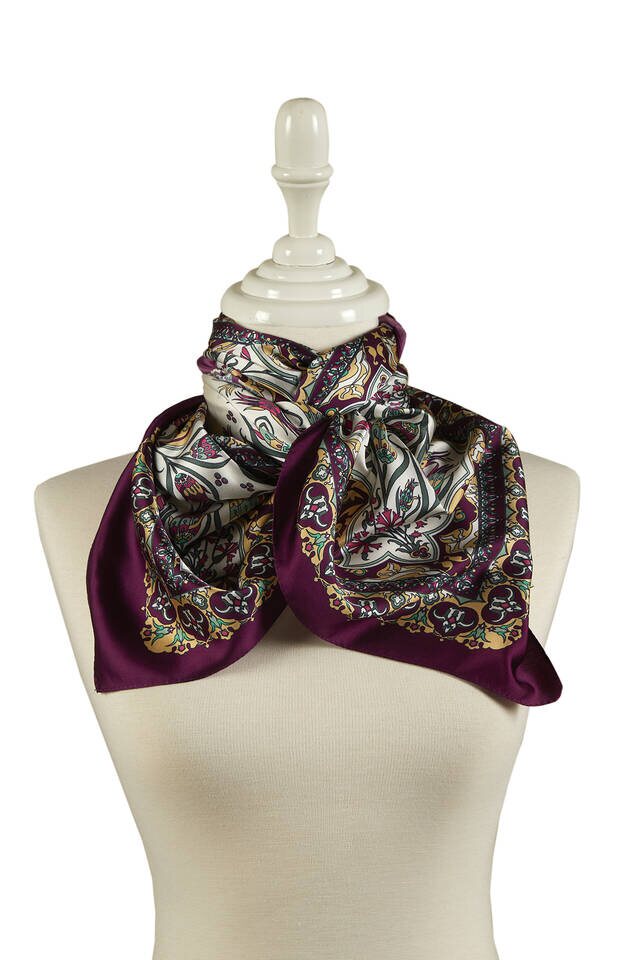 Gold Plum Tile Tulip Pattern Narrow Silky Foulard - 2