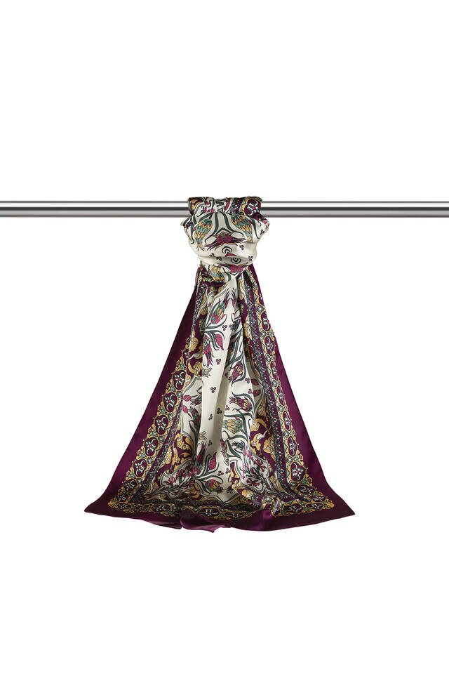 Gold Plum Tile Tulip Pattern Narrow Silky Foulard - 3