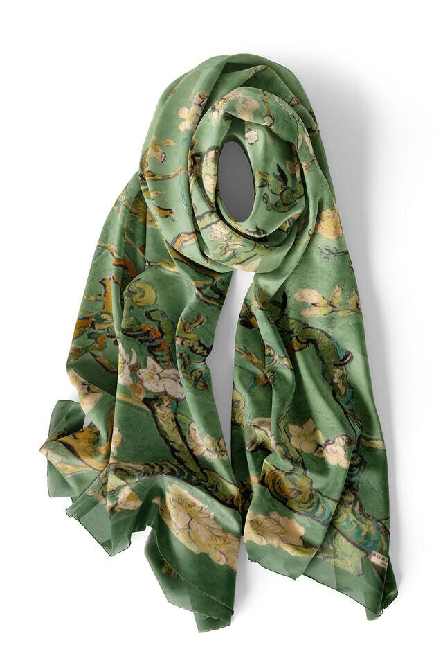 Grass Green Almond Blossom Silk Scarf - 3