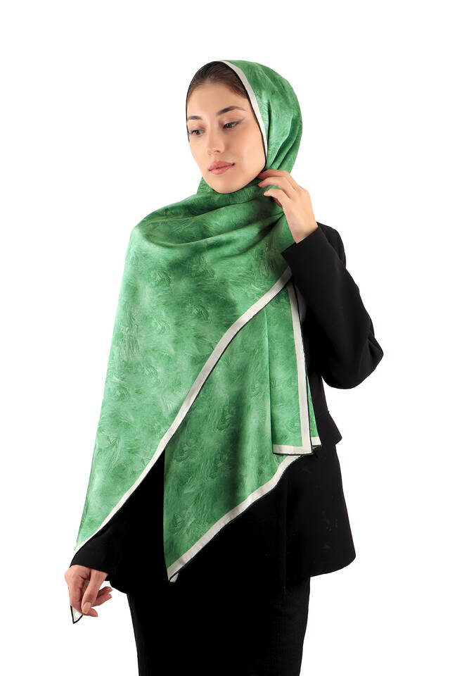 Grass Green Brush Pattern Silk Scarf - 3