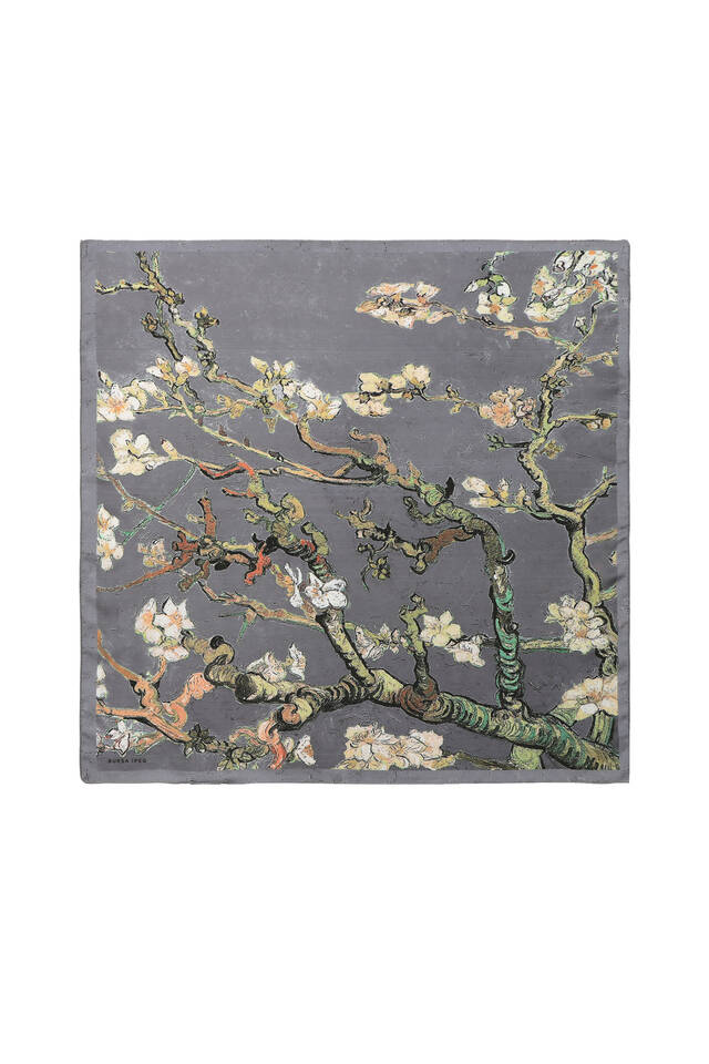 Gray Almond Blossom Pattern Silky Pocket Square - Bursa İpek