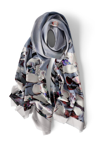 Gray Anemone Pattern Silk Foulard - Thumbnail