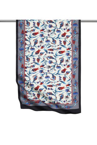 Gray Black Carnation Tulip Pattern Wide Silky Foulard 