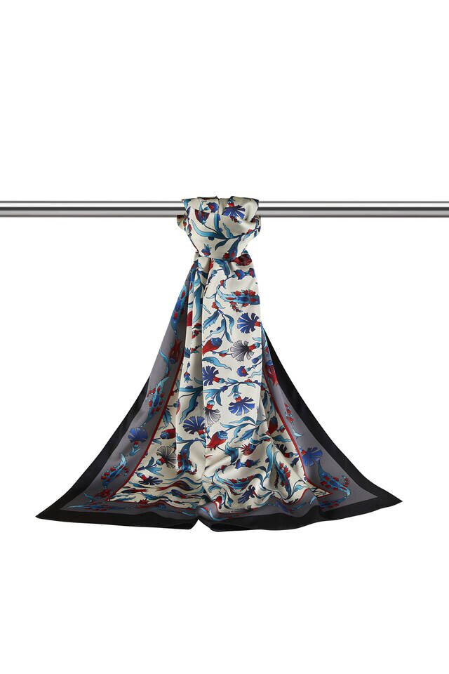 Gray Black Carnation Tulip Pattern Wide Silky Foulard - 3