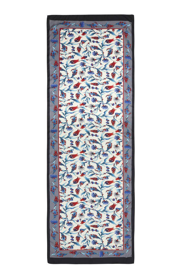 Gray Black Carnation Tulip Pattern Wide Silky Foulard - 4