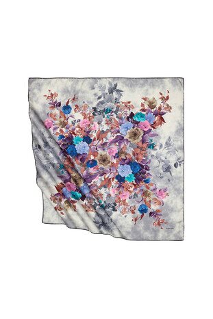 Gray Bouquet Pattern Silk Square Scarf - Thumbnail