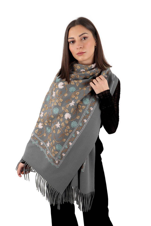 Gray Embroidered Winter Shawl - 2