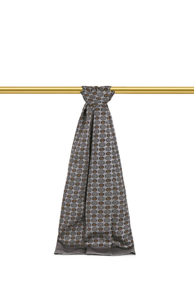 Gray Floral Pattern Men's Silk Foulard - Bursa İpek