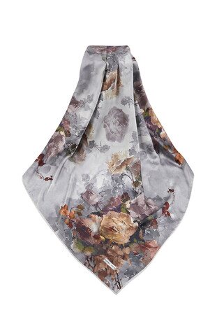 Gray Floral Pattern Silky Square Scarf - Thumbnail