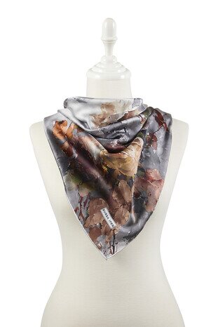 Gray Floral Pattern Silky Square Scarf - Thumbnail