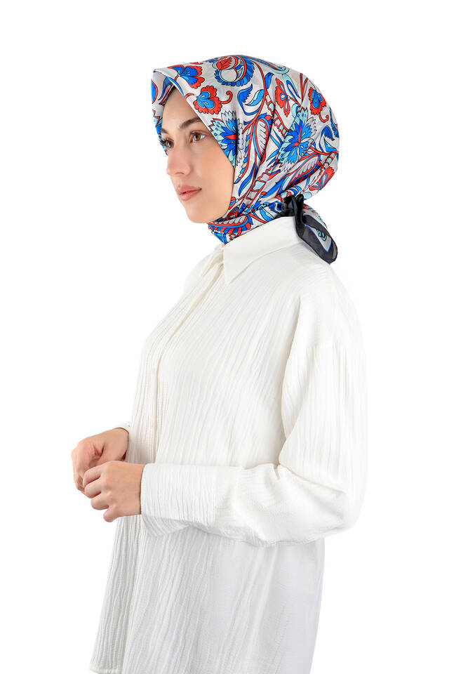 Gray Floral Pattern Voile Silk Square Scarf - 2