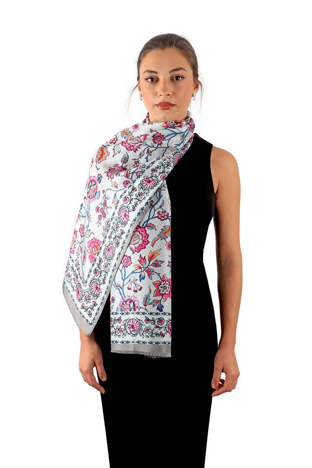 Gray Lily Pattern Voile Silk Foulard - Bursa İpek