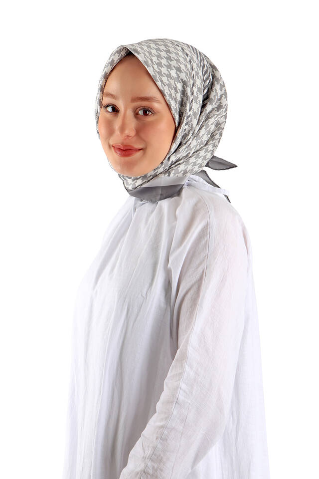 Gray Line Houndstooth Pattern Twill Silk Square Scarf - 2