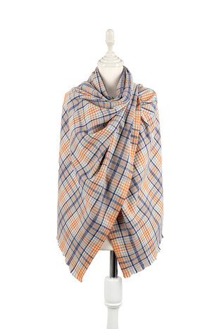 Gray Navy Blue Plaid Pattern Winter Shawl 