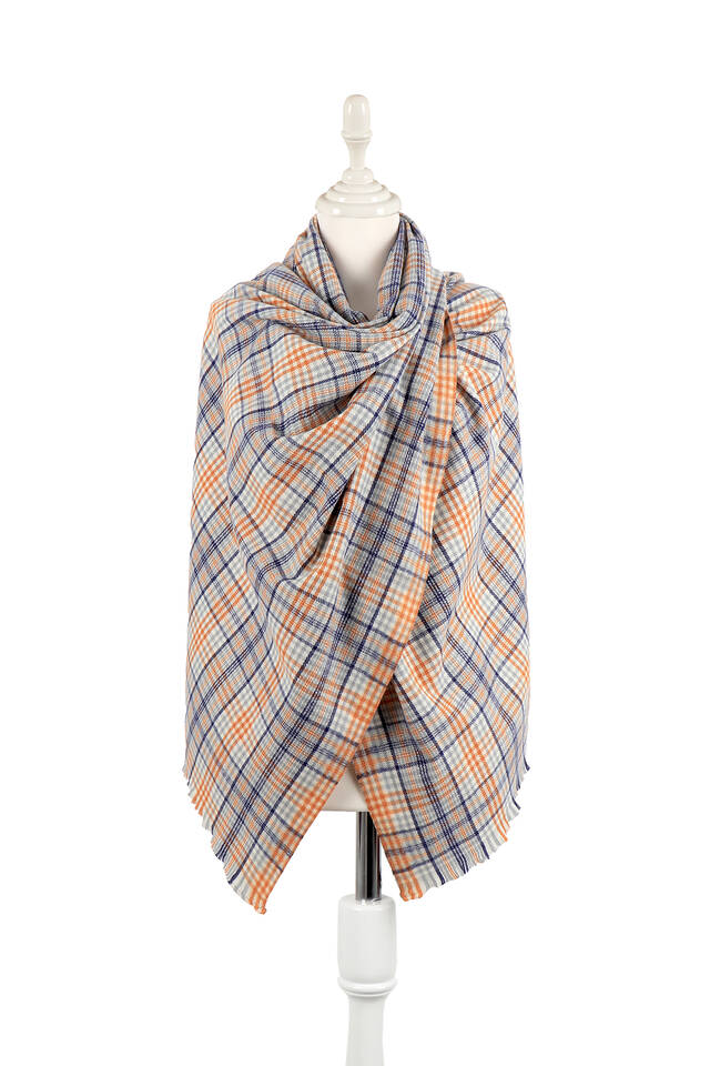 Gray Navy Blue Plaid Pattern Winter Shawl - 1