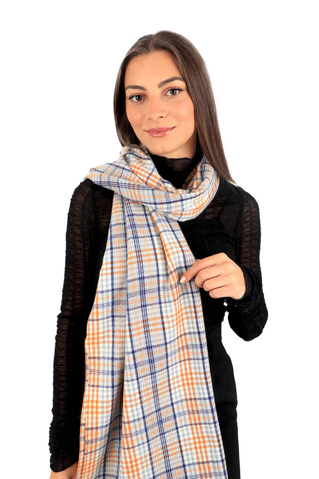 Gray Navy Blue Plaid Pattern Winter Shawl - 2