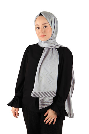 Gray Patterned Silky Scarf - Thumbnail