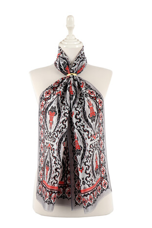 Gray Red Big Tulip Voile Silk Foulard 