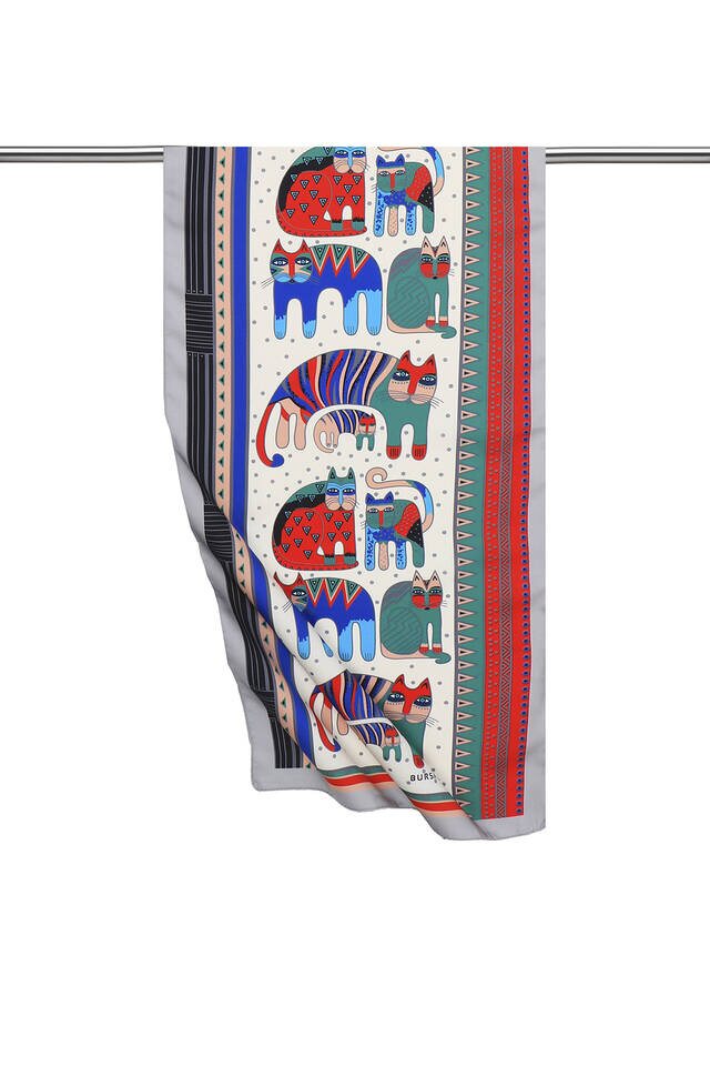 Gray Red Patterned Silky Foulard - 1