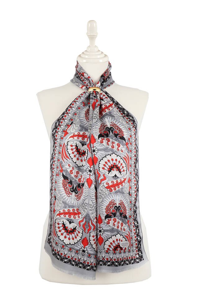 Gray Red Peacock Narrow Silk Foulard - Bursa İpek