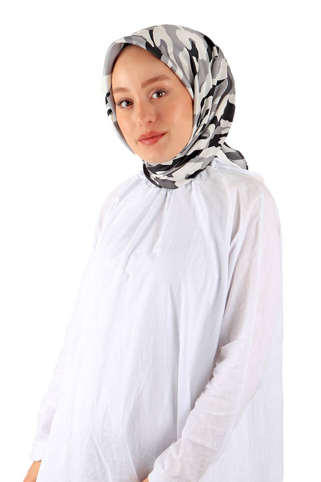 Gray Sare Pattern Twill Silk Square Scarf - 2