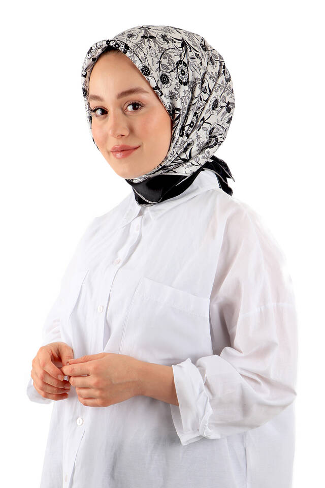 Gray Side Pattern Silk Square Scarf - 2