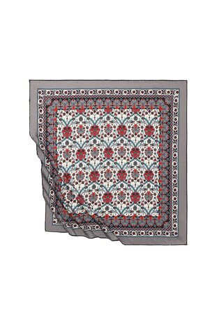 Gray Tile Tulip Pattern Silky Square Scarf - Thumbnail