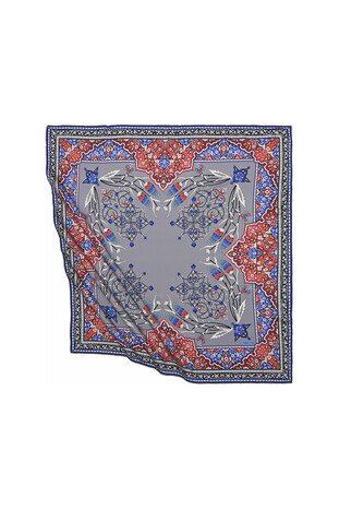 Gray Turkish Motif Candlestick Tulip Pattern Silky Square Scarf 